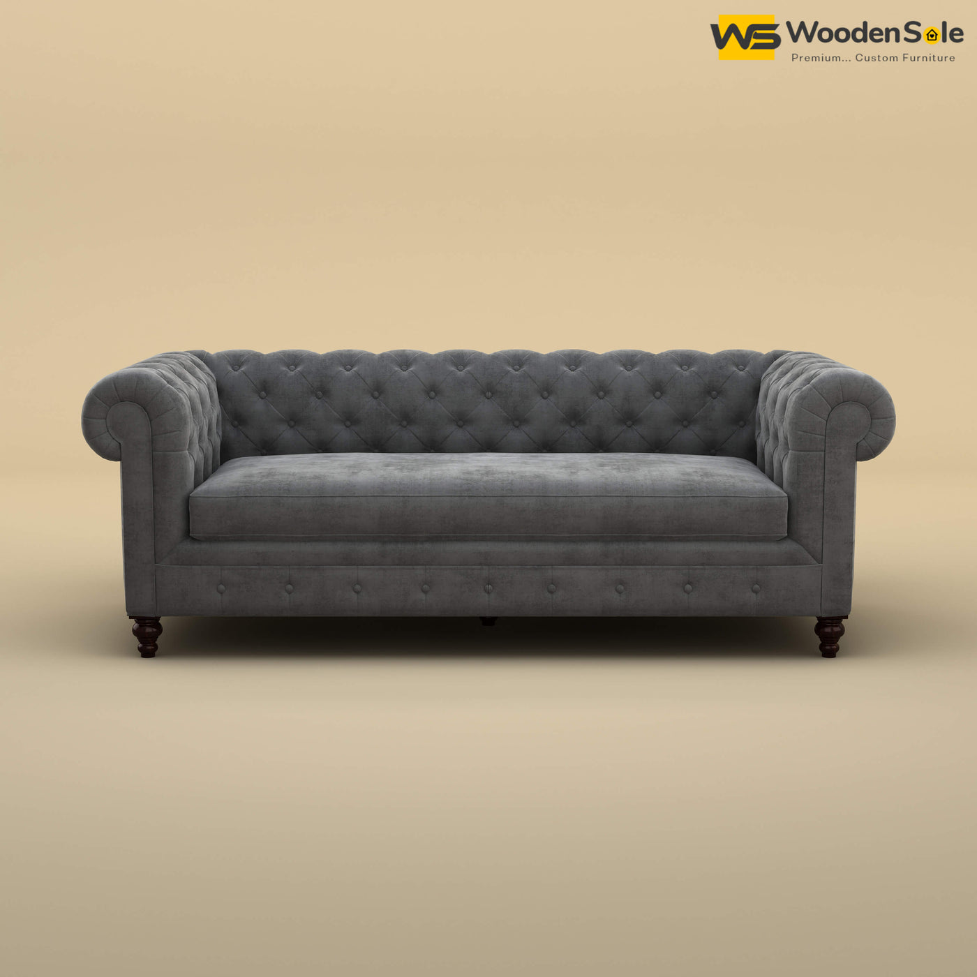 Maharaja Fabric 3 Seater Sofa (Velvet, Charcoal Gray)