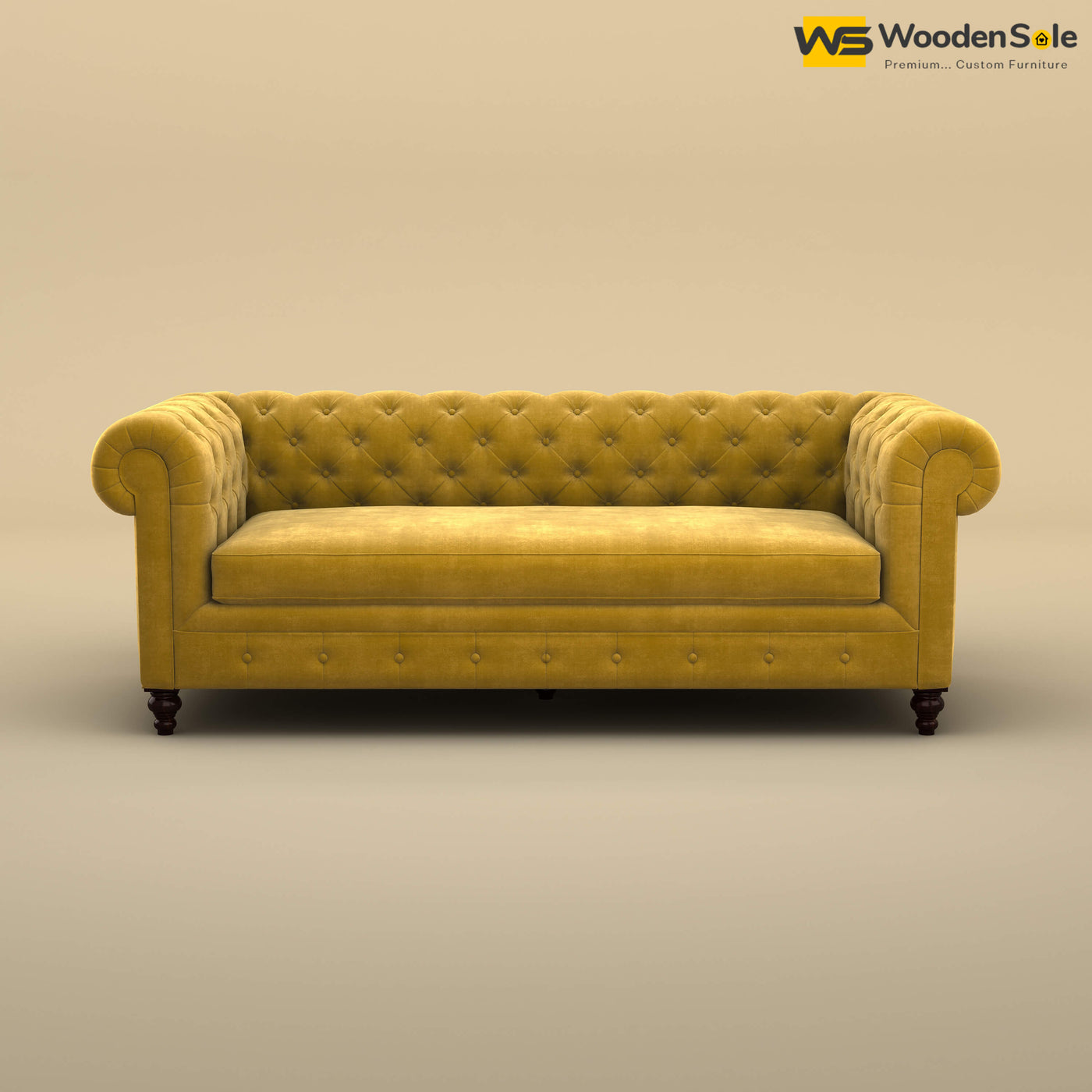 Maharaja Fabric 3 Seater Sofa (Velvet, Mustard Yellow)