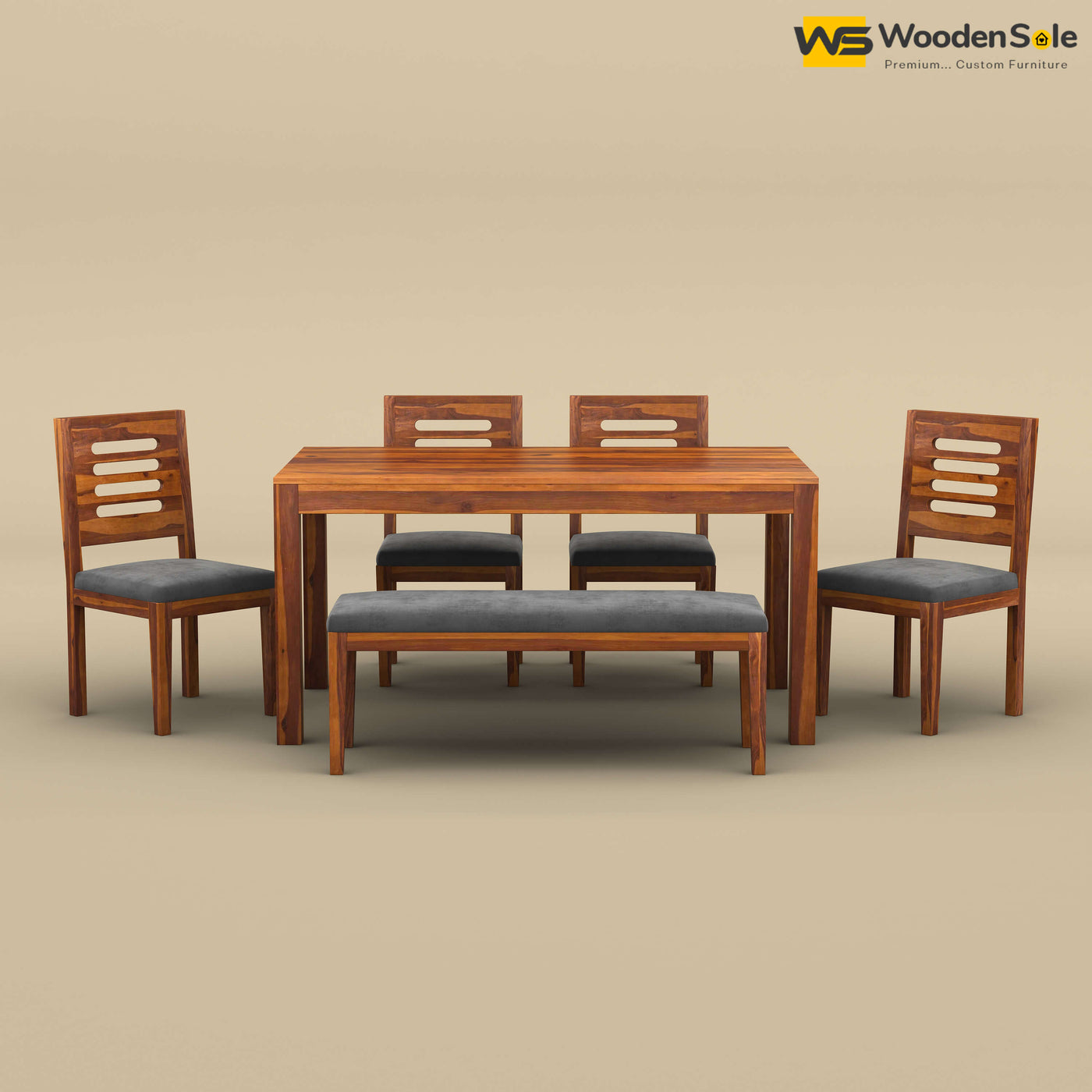 Sheesham Wood 6 Seater Dining Set with Upholstery Chair & Bench (Honey Finish)