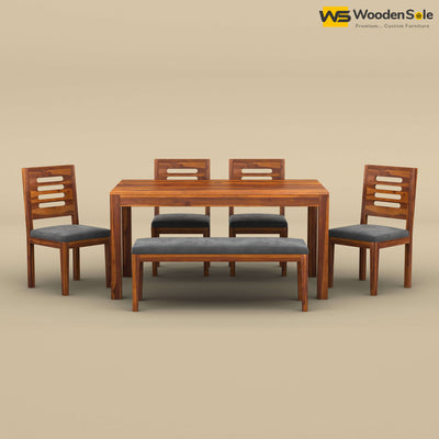 Sheesham Wood 6 Seater Dining Set with Upholstery Chair & Bench (Honey Finish)