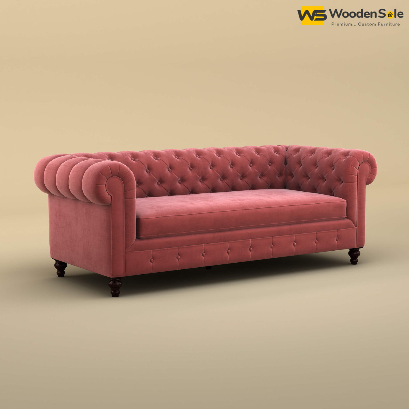 Maharaja Fabric 3 Seater Sofa (Velvet, Pink)