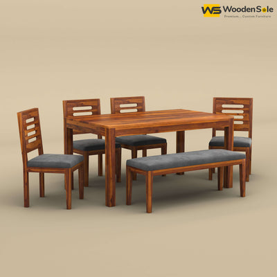 Sheesham Wood 6 Seater Dining Set with Upholstery Chair & Bench (Honey Finish)