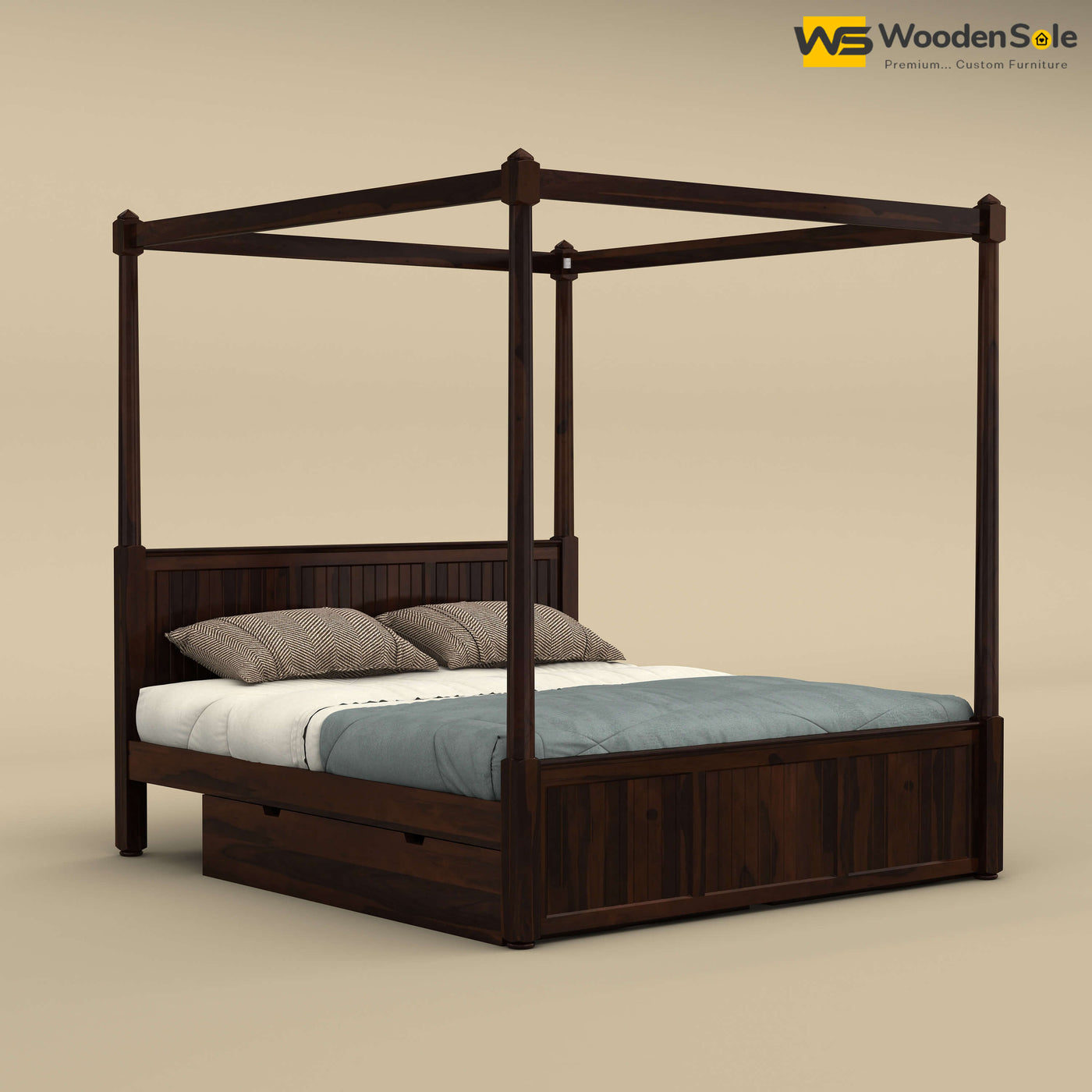 Angelo Poster Bed with Drawer (King Size, Walnut Finish)