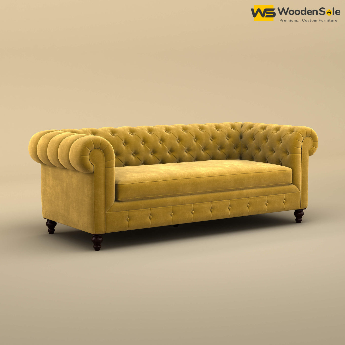 Maharaja Fabric 3 Seater Sofa (Velvet, Mustard Yellow)