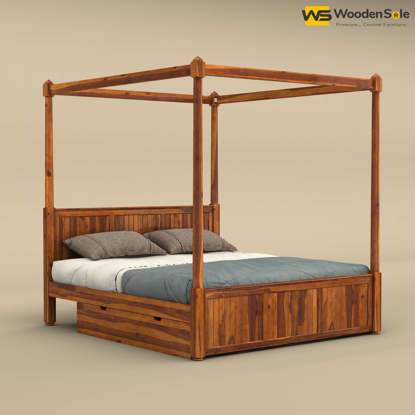 Angelo Poster Bed with Drawer (King Size, Honey Finish)