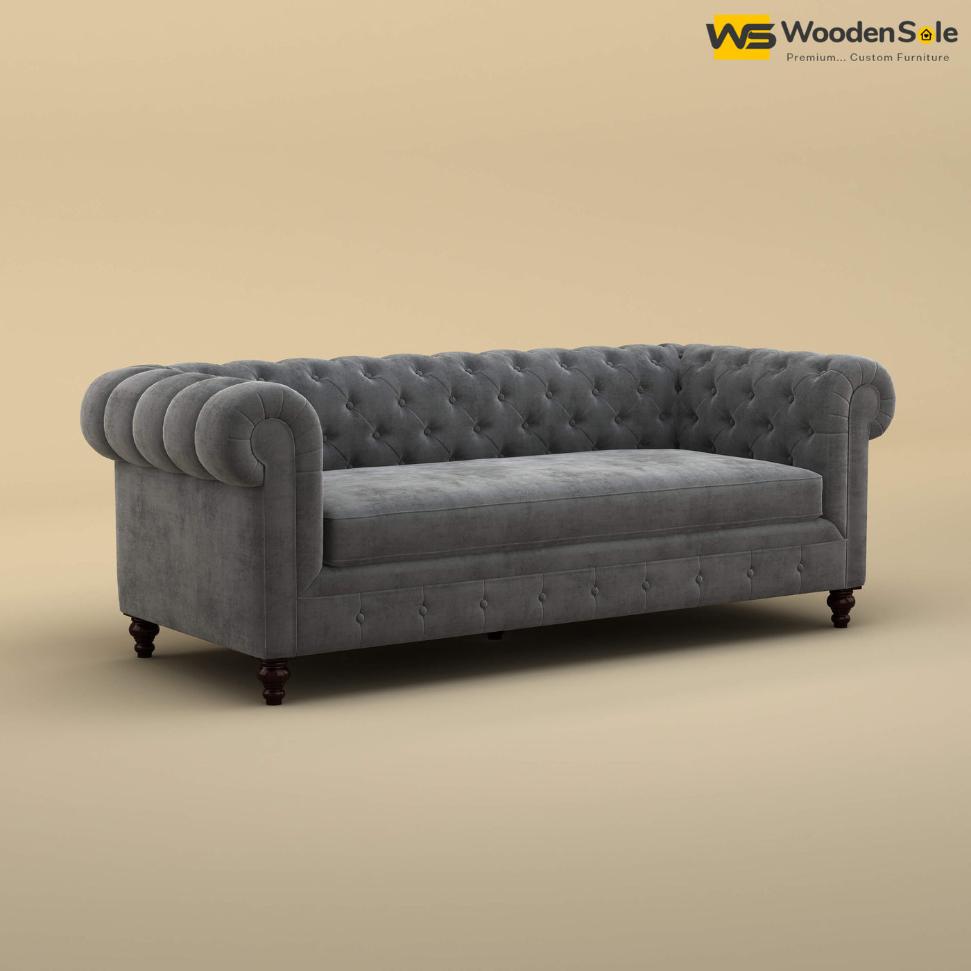 Maharaja Fabric 3 Seater Sofa (Velvet, Charcoal Gray)