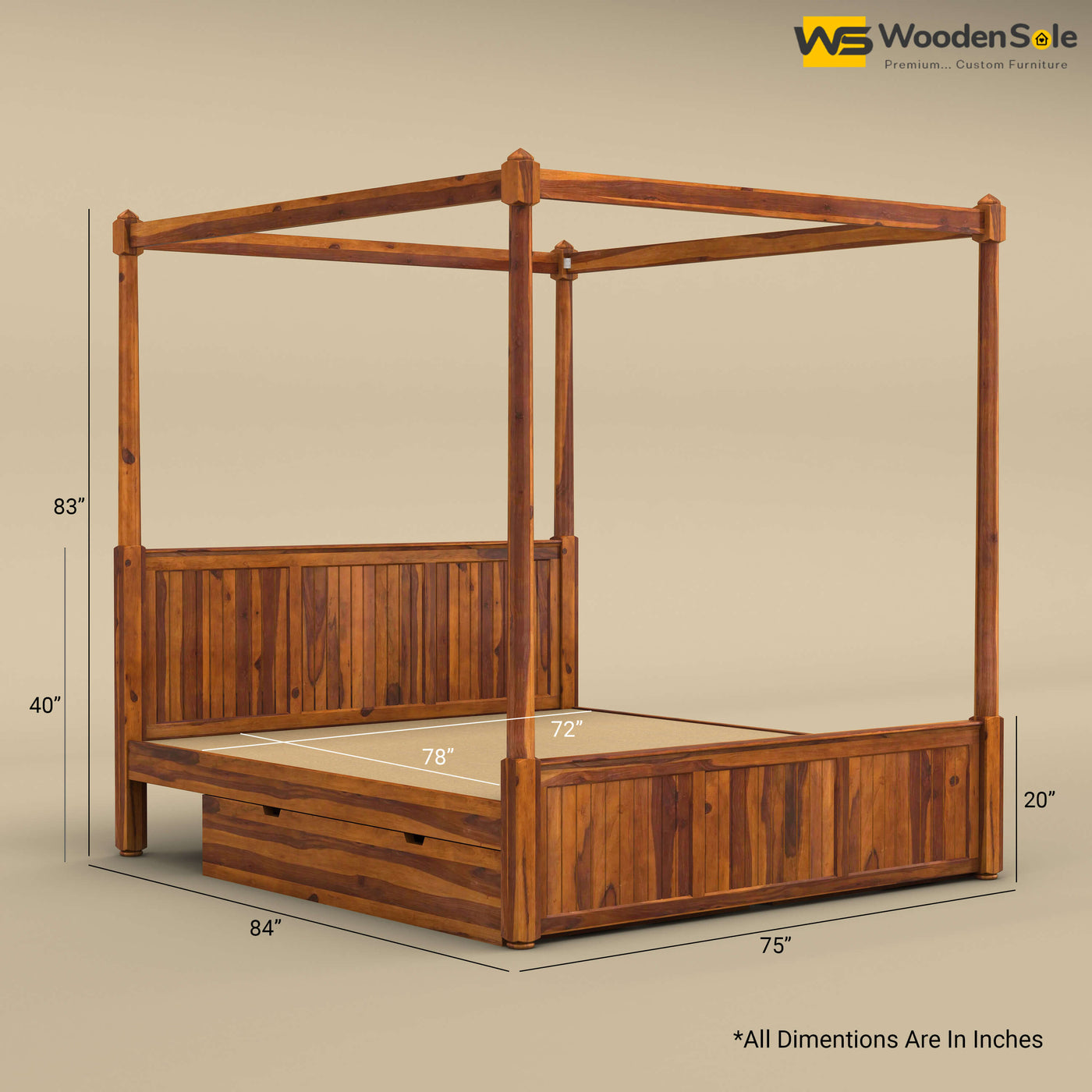 Angelo Poster Bed with Drawer (King Size, Honey Finish)