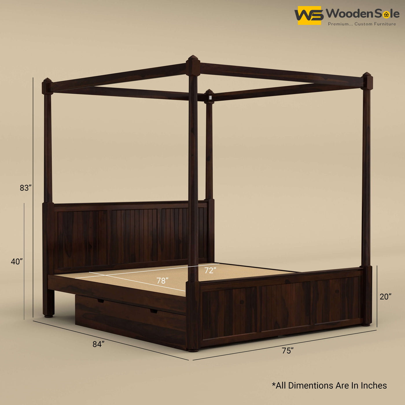 Angelo Poster Bed with Drawer (King Size, Walnut Finish)