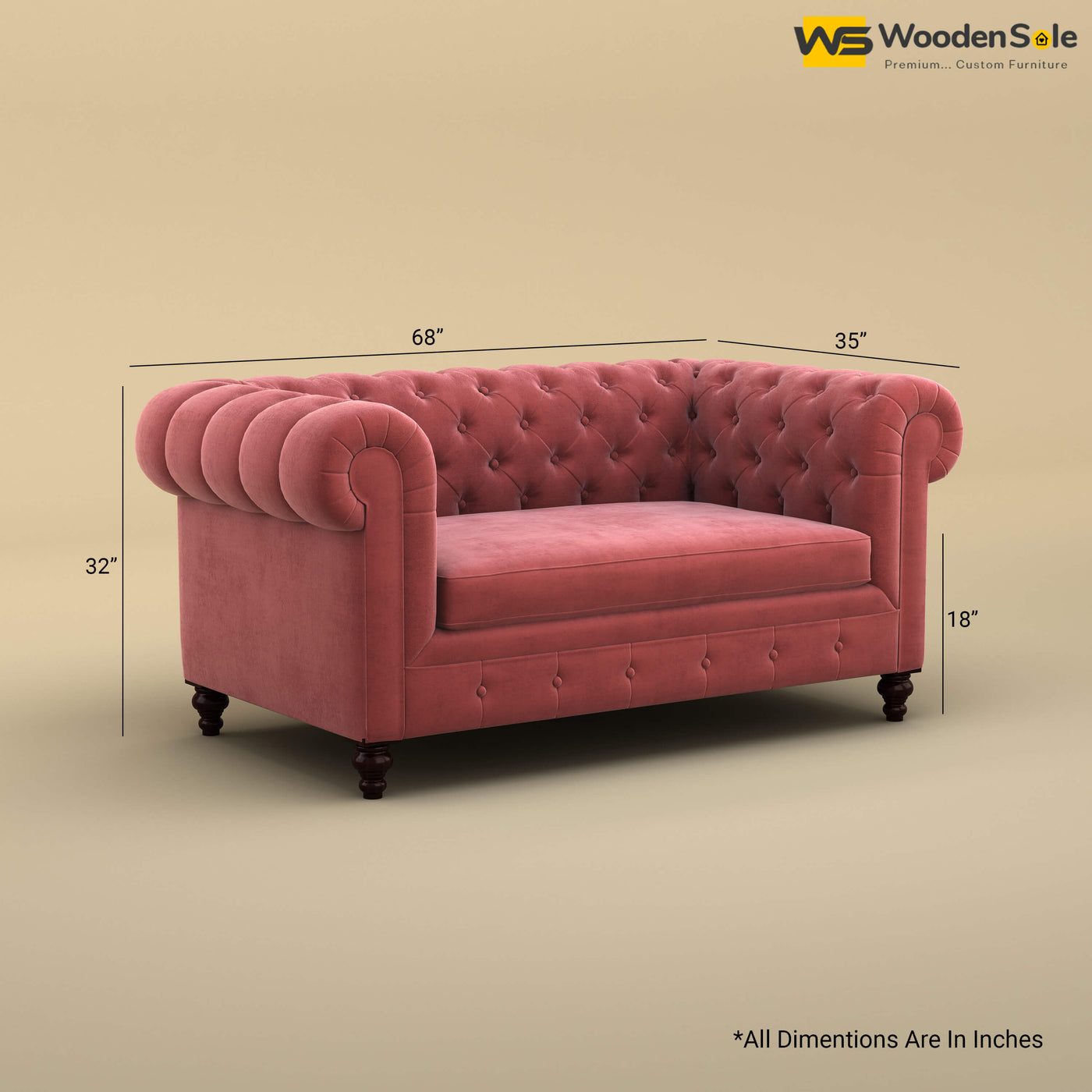 Maharaja Fabric 2 Seater Sofa (Velvet, Pink)