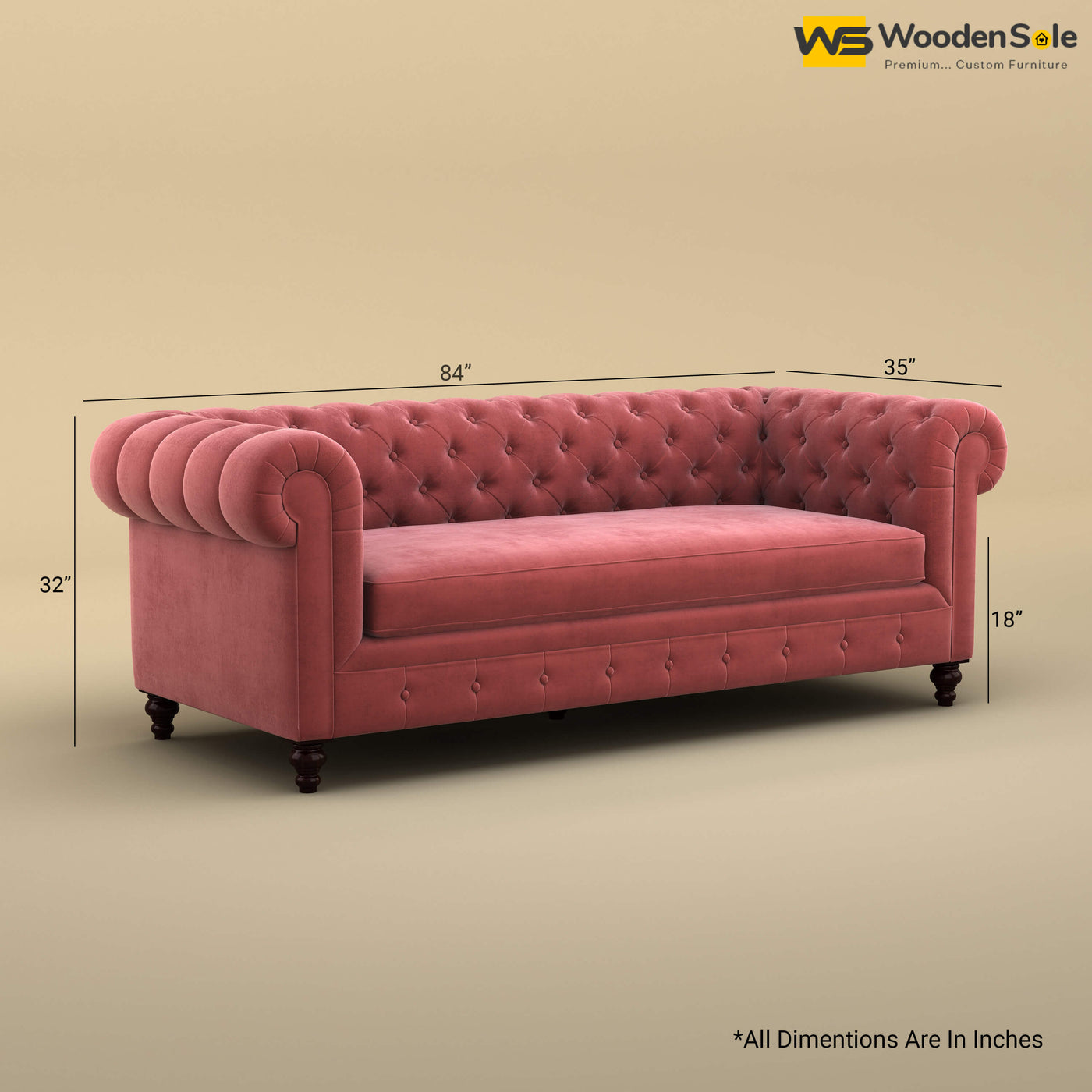 Maharaja Fabric 3 Seater Sofa (Velvet, Pink)