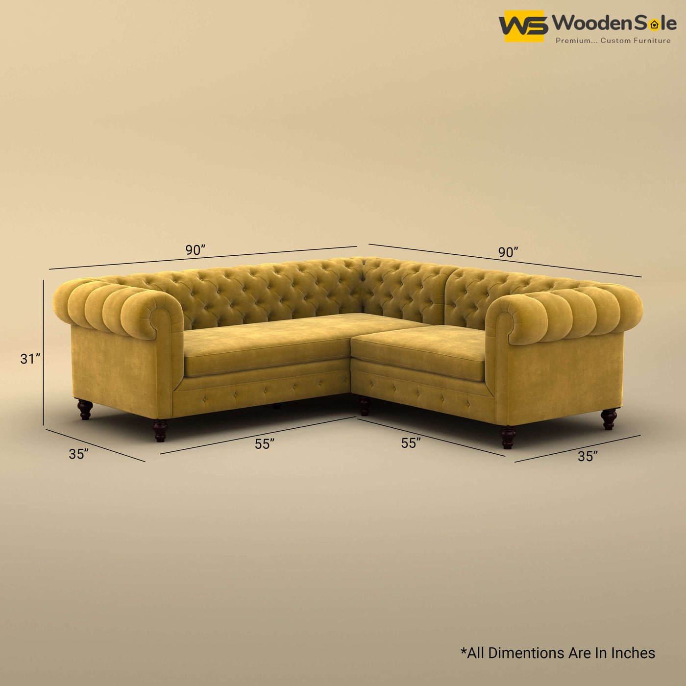 Maharaja Corner Sofa (Velvet, Mustard Yellow)