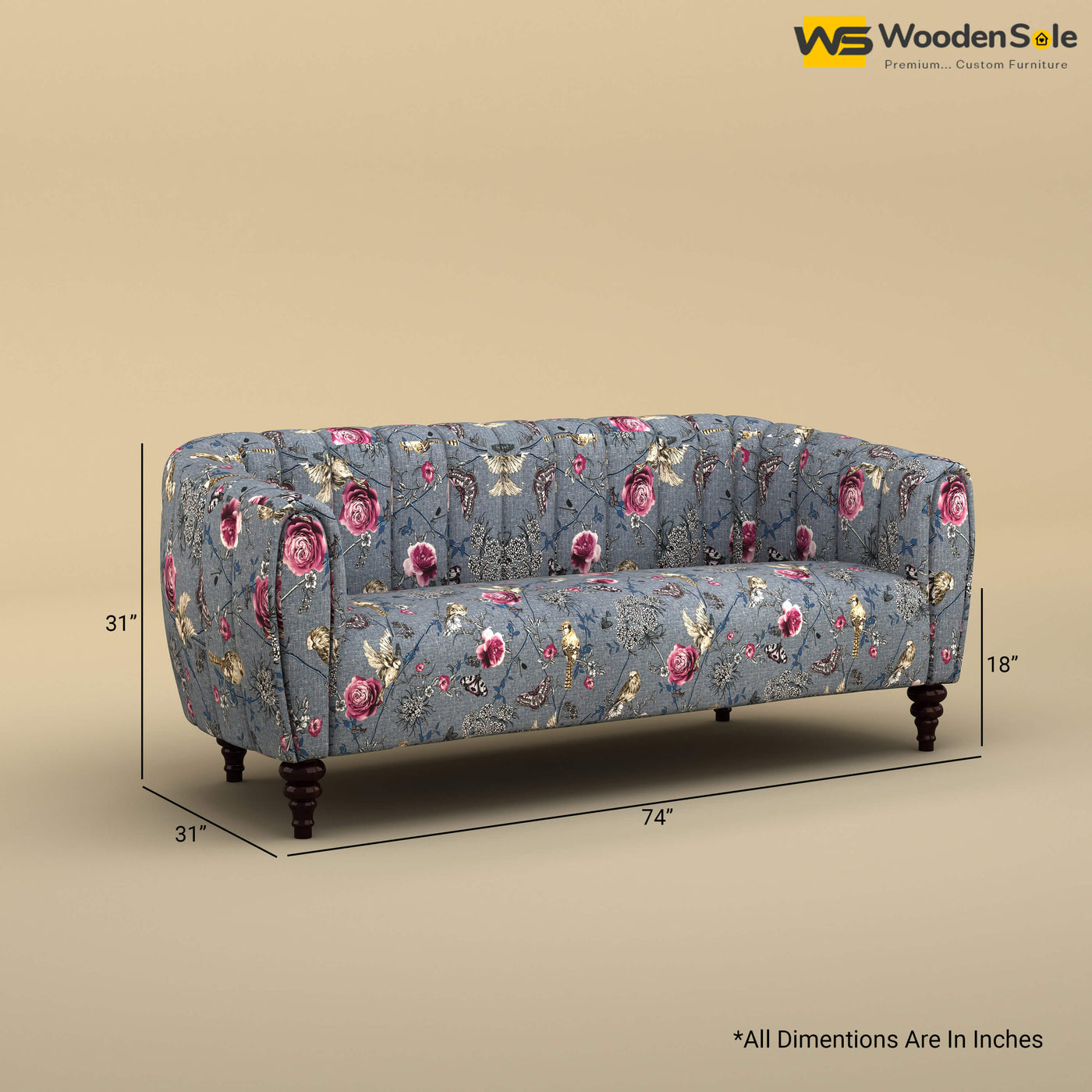 Amaya Three Seater Fabric Sofa (Cotton, Floral Printed)