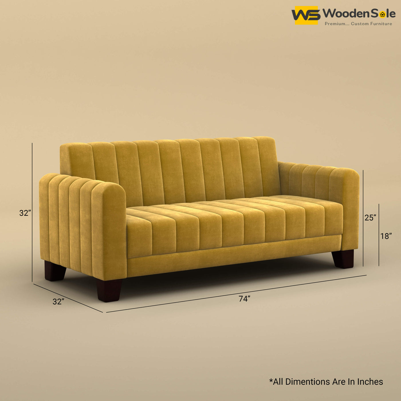 Furo 3 Seater Fabric Sofa (Velvet, Mustard Yellow)