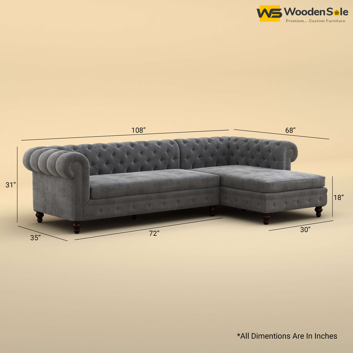 Maharaja L Shaped Sofa (Velvet, Charcoal Gray)