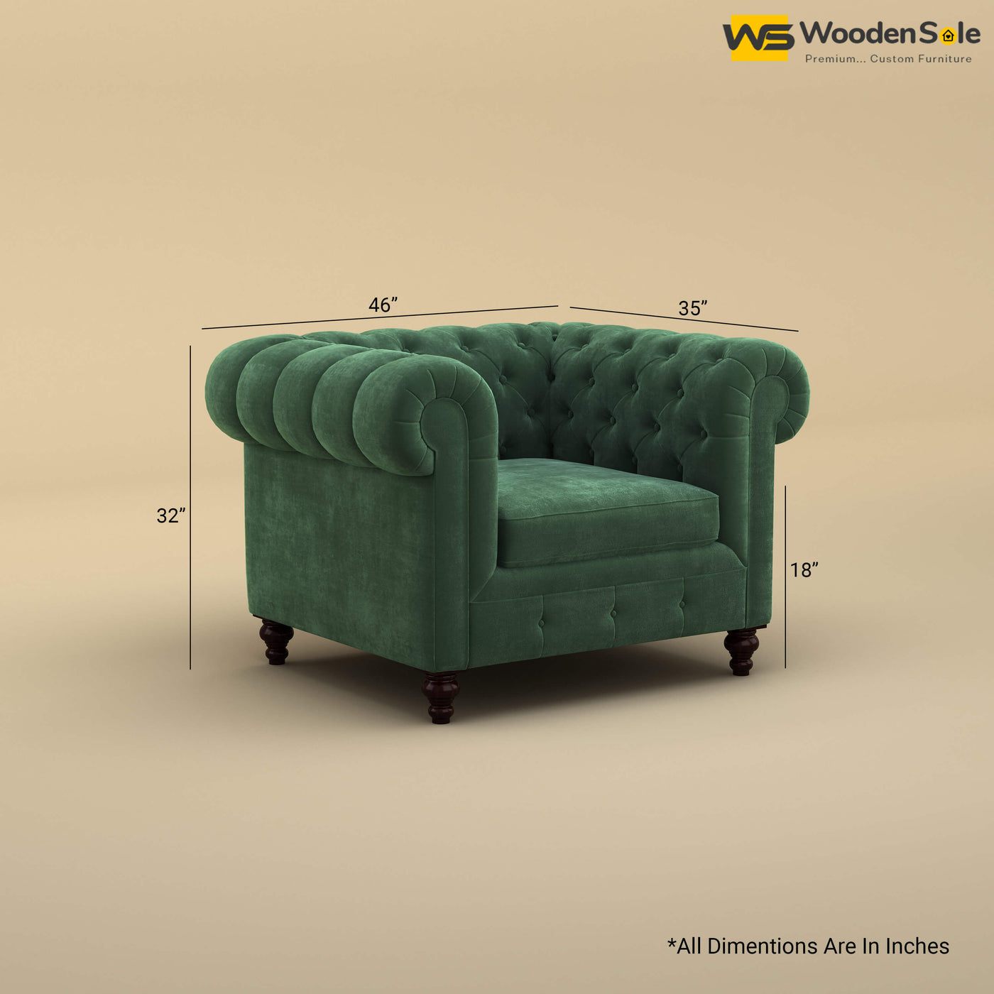 Maharaja Fabric 1 Seater Sofa (Velvet, Forest Green)