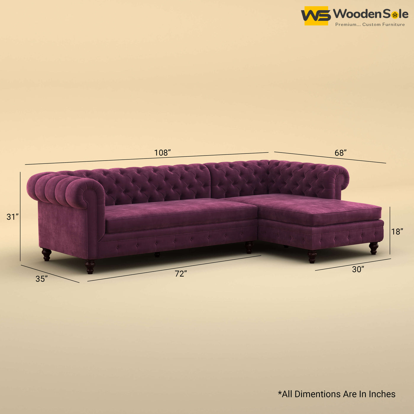 Maharaja L Shaped Sofa (Velvet, Dark Purple)
