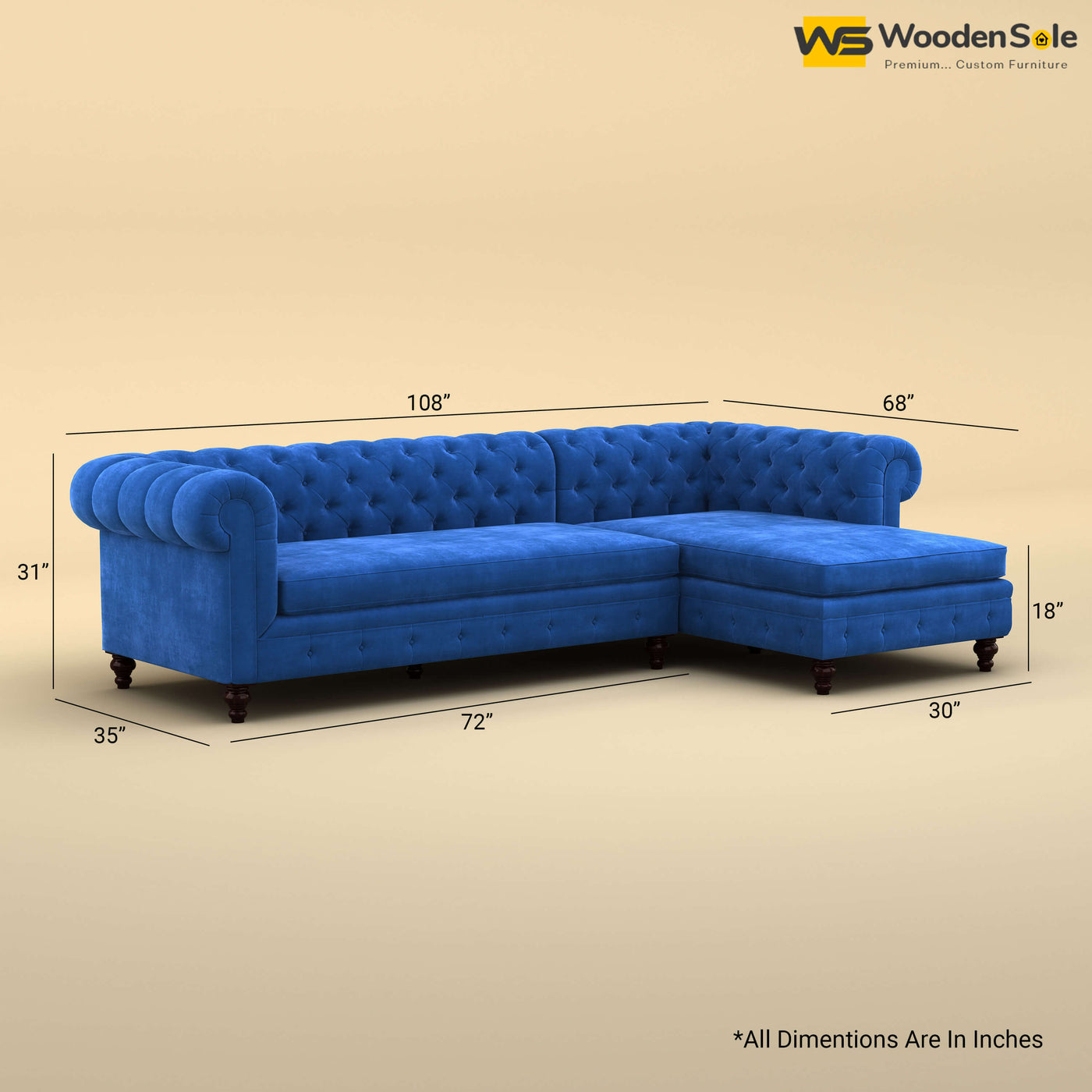 Maharaja L Shaped Sofa (Velvet, Royal Blue)