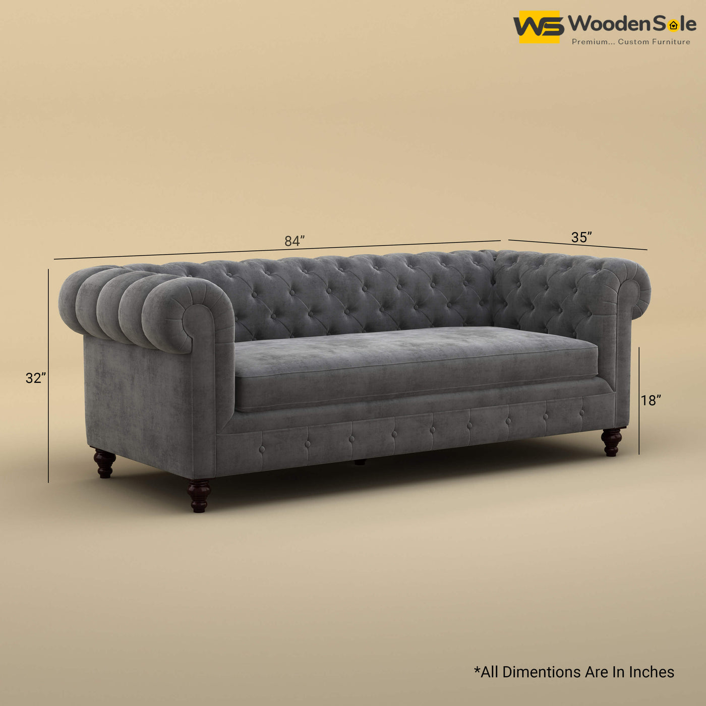 Maharaja Fabric 3 Seater Sofa (Velvet, Charcoal Gray)
