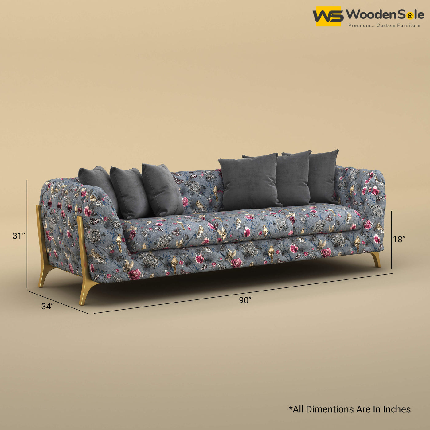 Adhira 3 Seater Premium Sofa (Cotton, Floral Printed)