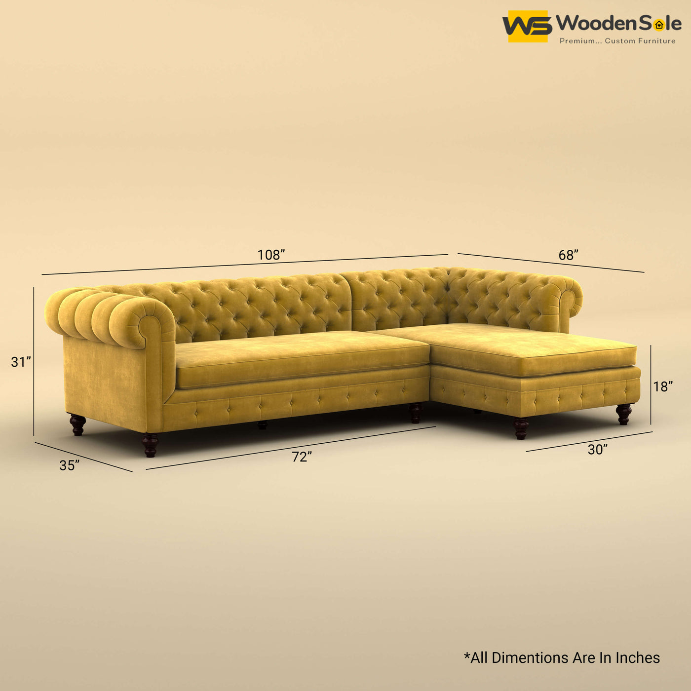 Maharaja L Shaped Sofa (Velvet, Mustard Yellow)