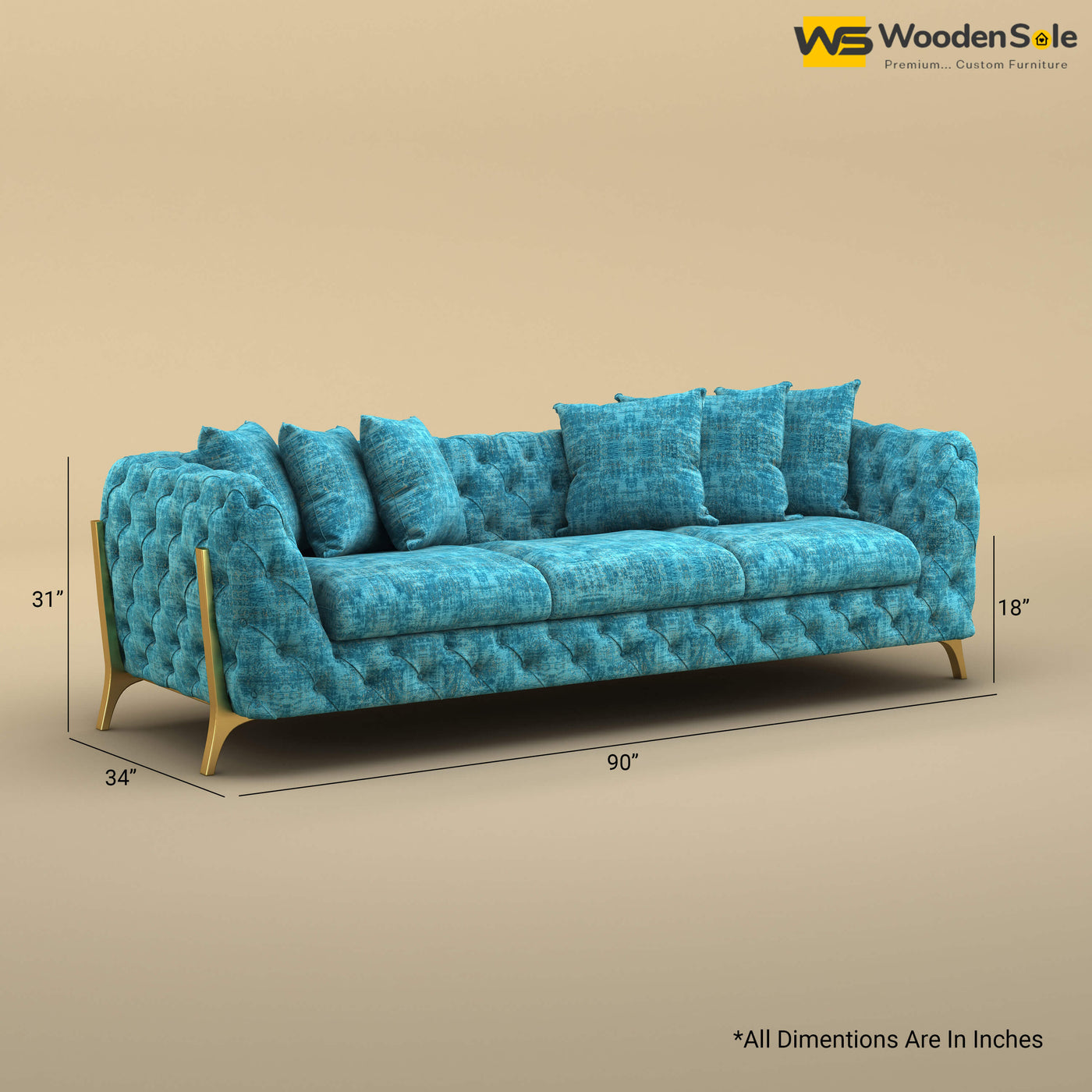 Adhira 3 Seater Premium Sofa (Cotton, Teal Blue)