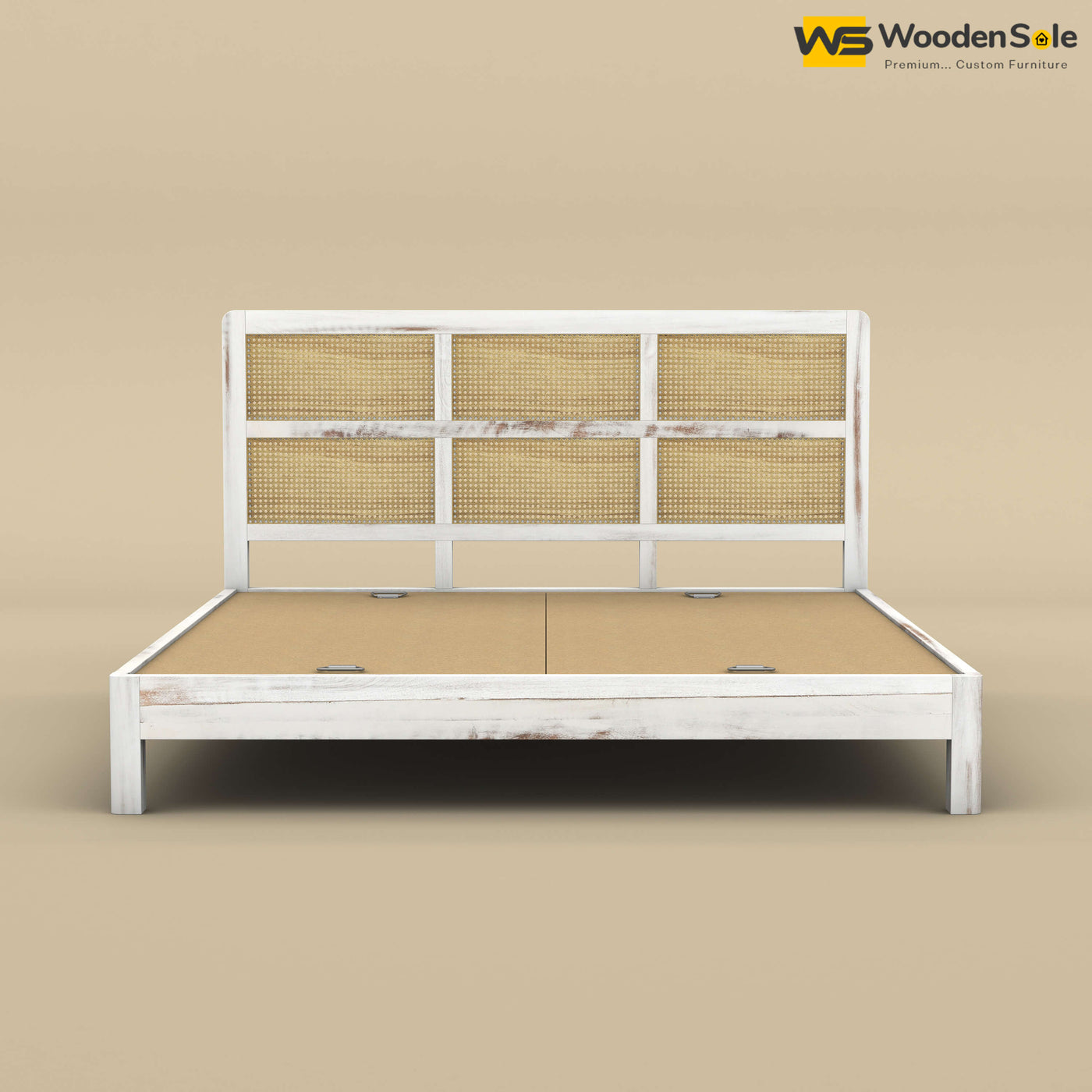 Wooden Rattan Platform Bed (King Size, Distress Finish)