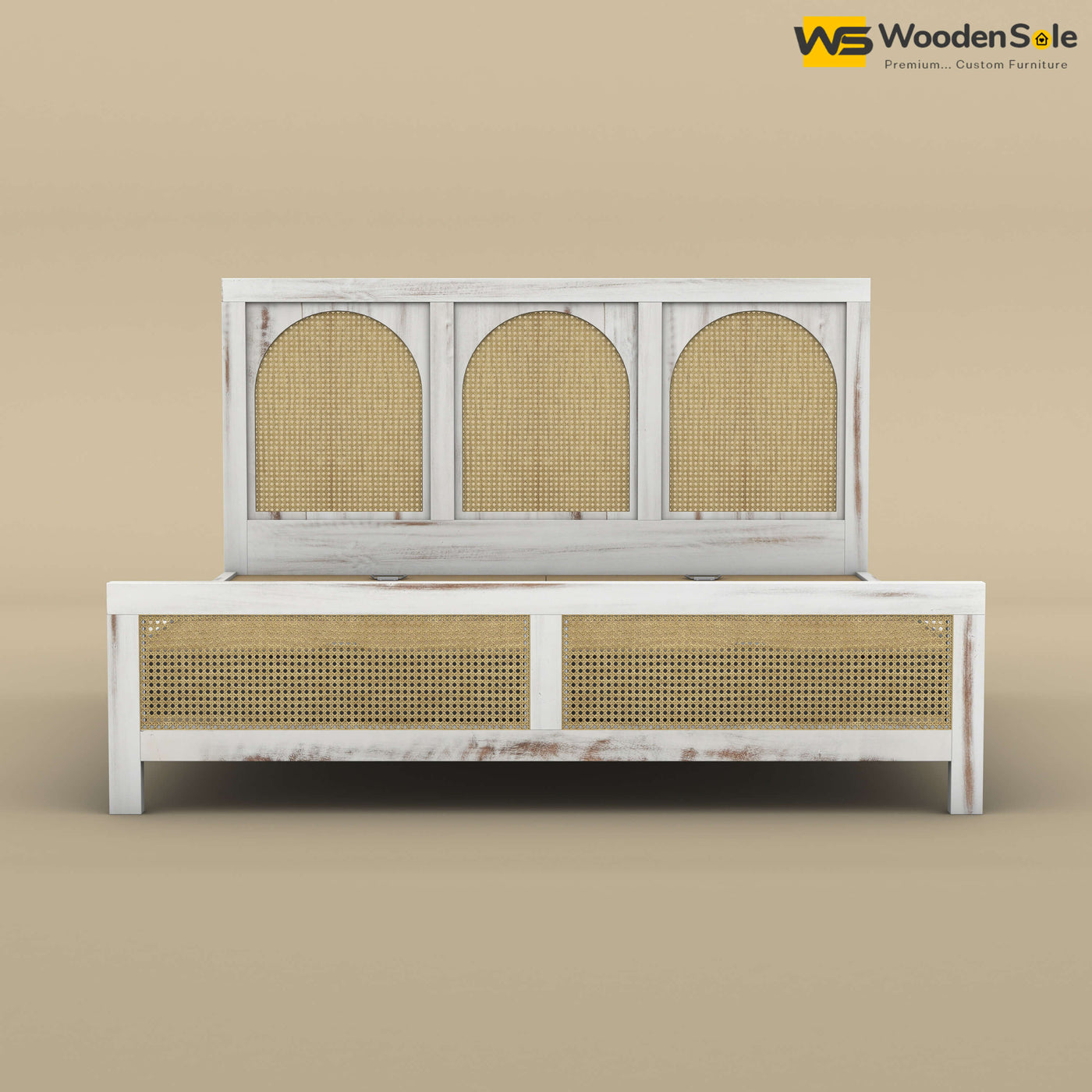 Wooden Rattan Cane Bed (King Size, Distress Finish)