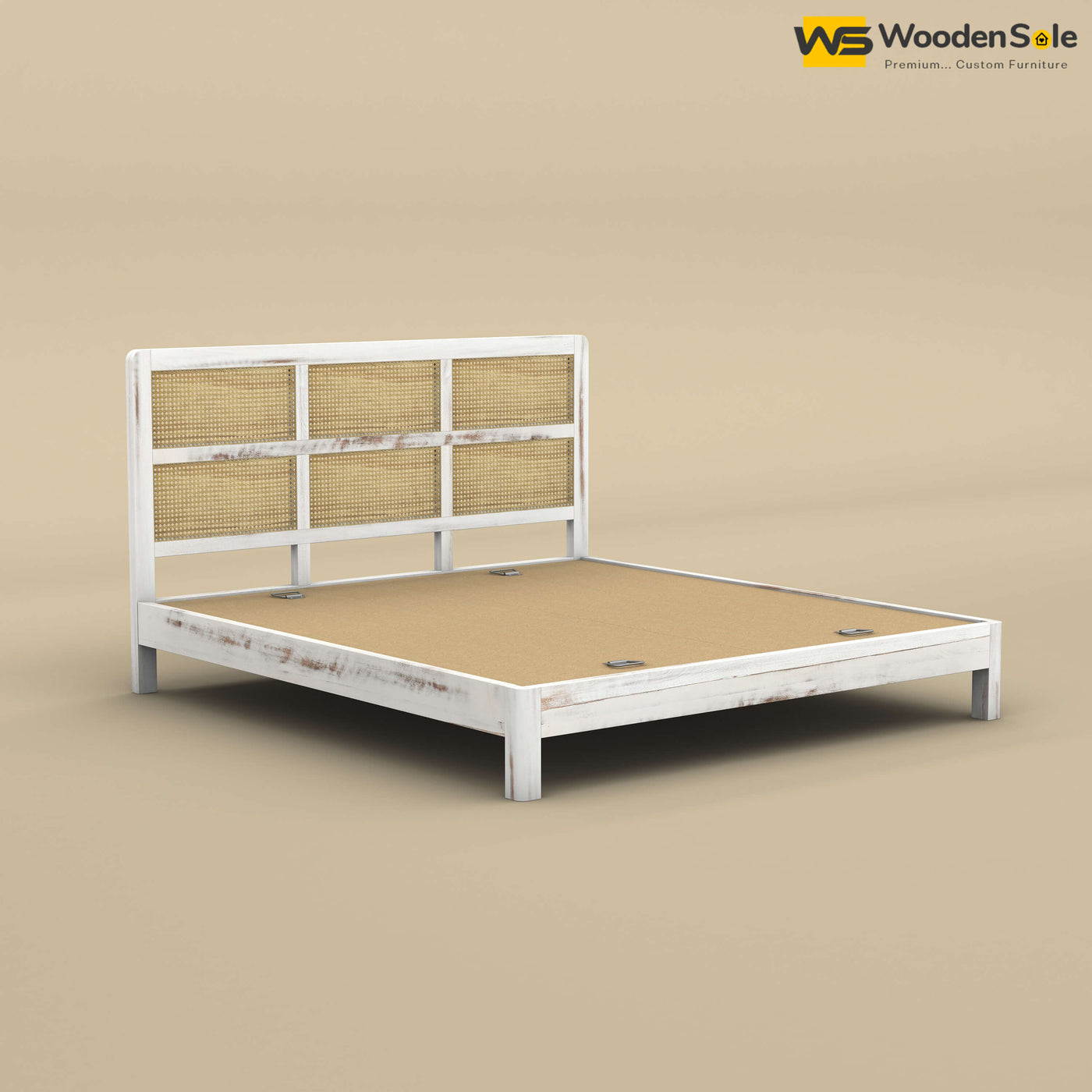 Wooden Rattan Platform Bed (King Size, Distress Finish)