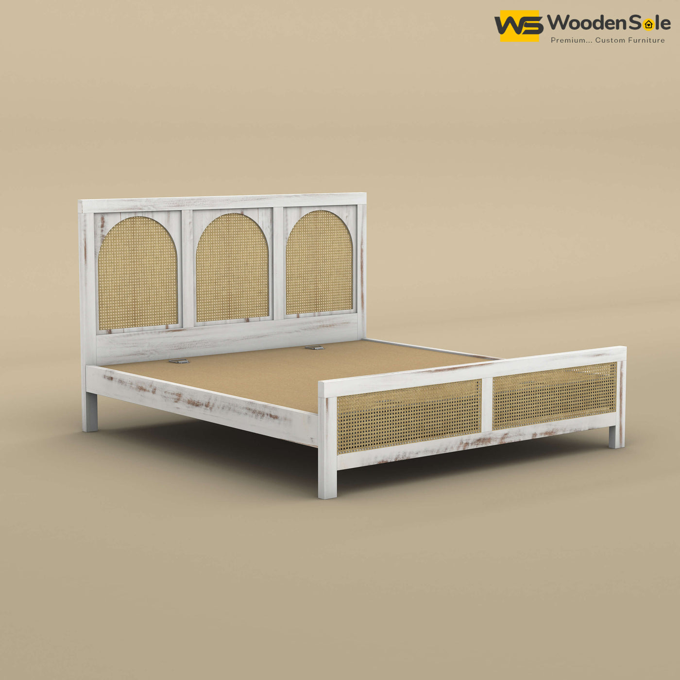 Wooden Rattan Cane Bed (King Size, Distress Finish)