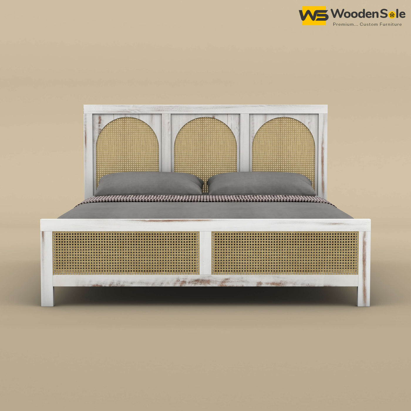 Wooden Rattan Cane Bed (King Size, Distress Finish)