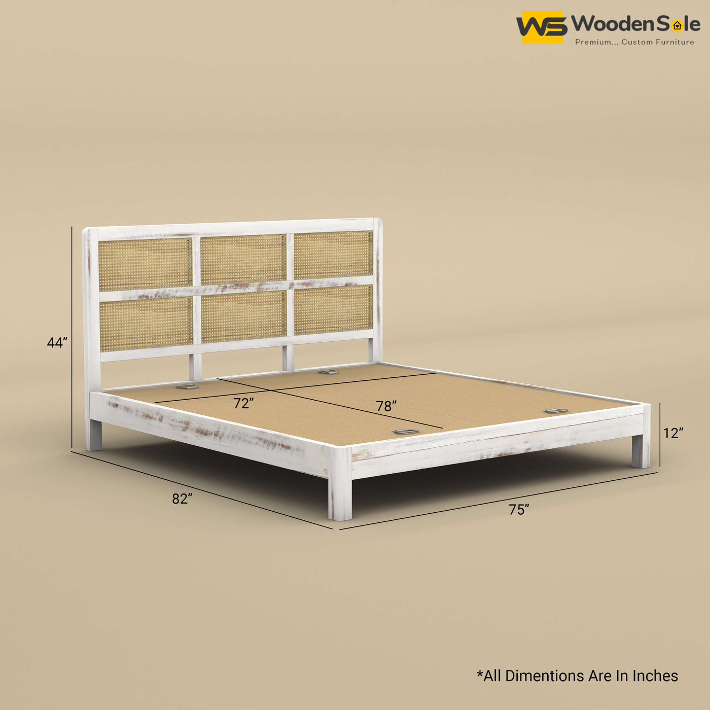 Wooden Rattan Platform Bed (King Size, Distress Finish)