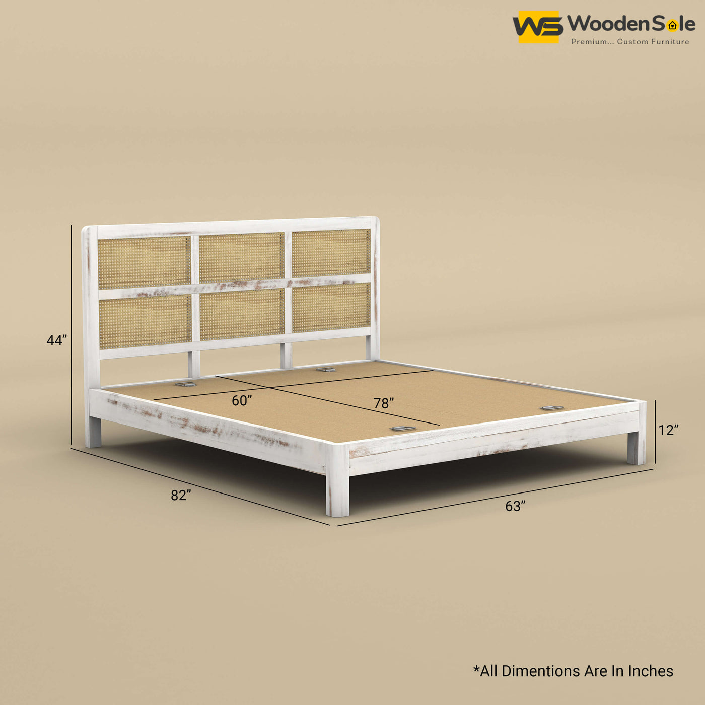 Wooden Rattan Platform Bed (Queen Size, Distress Finish)