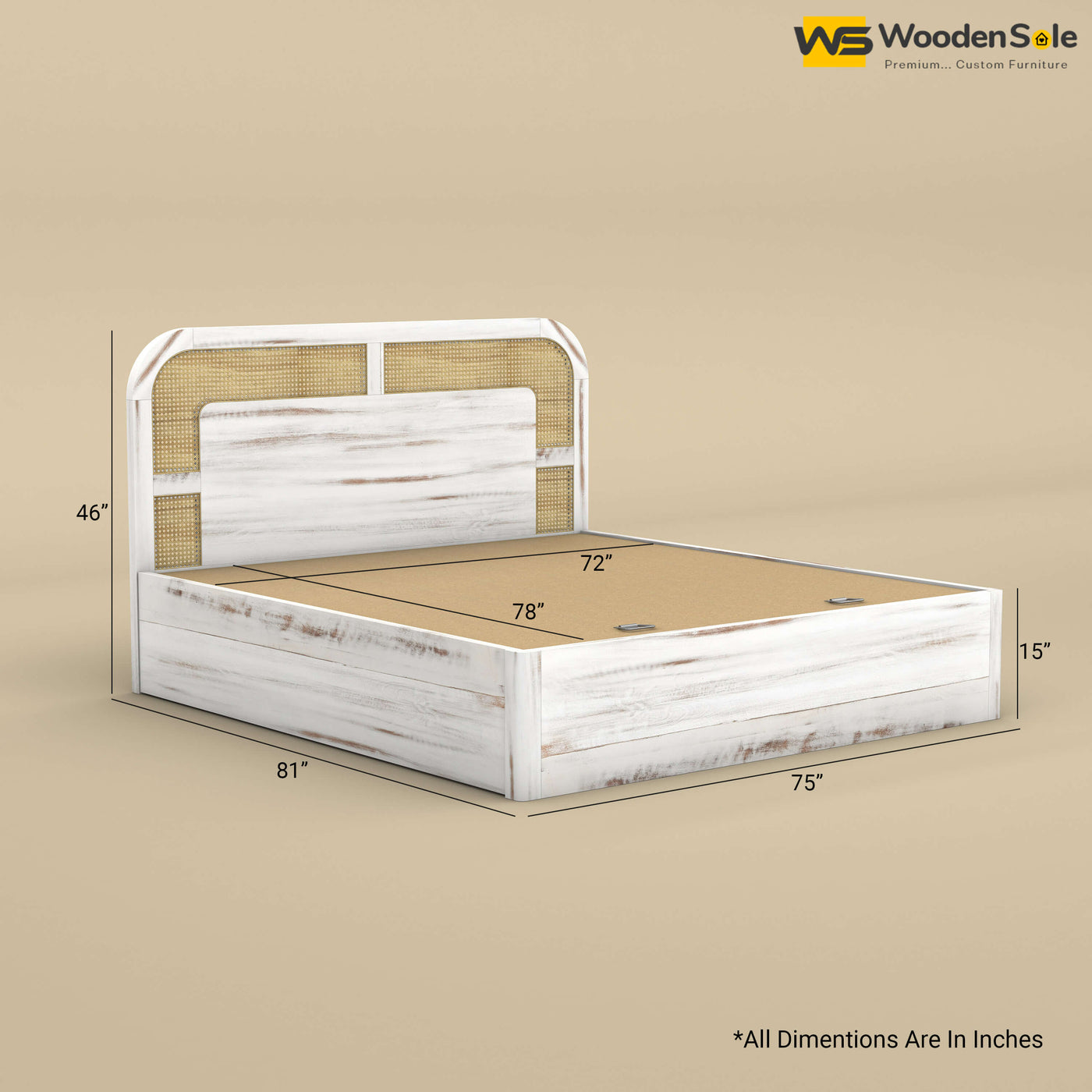 Modern Cane Hydraulic Storage Bed (King Size, Distress Finish)