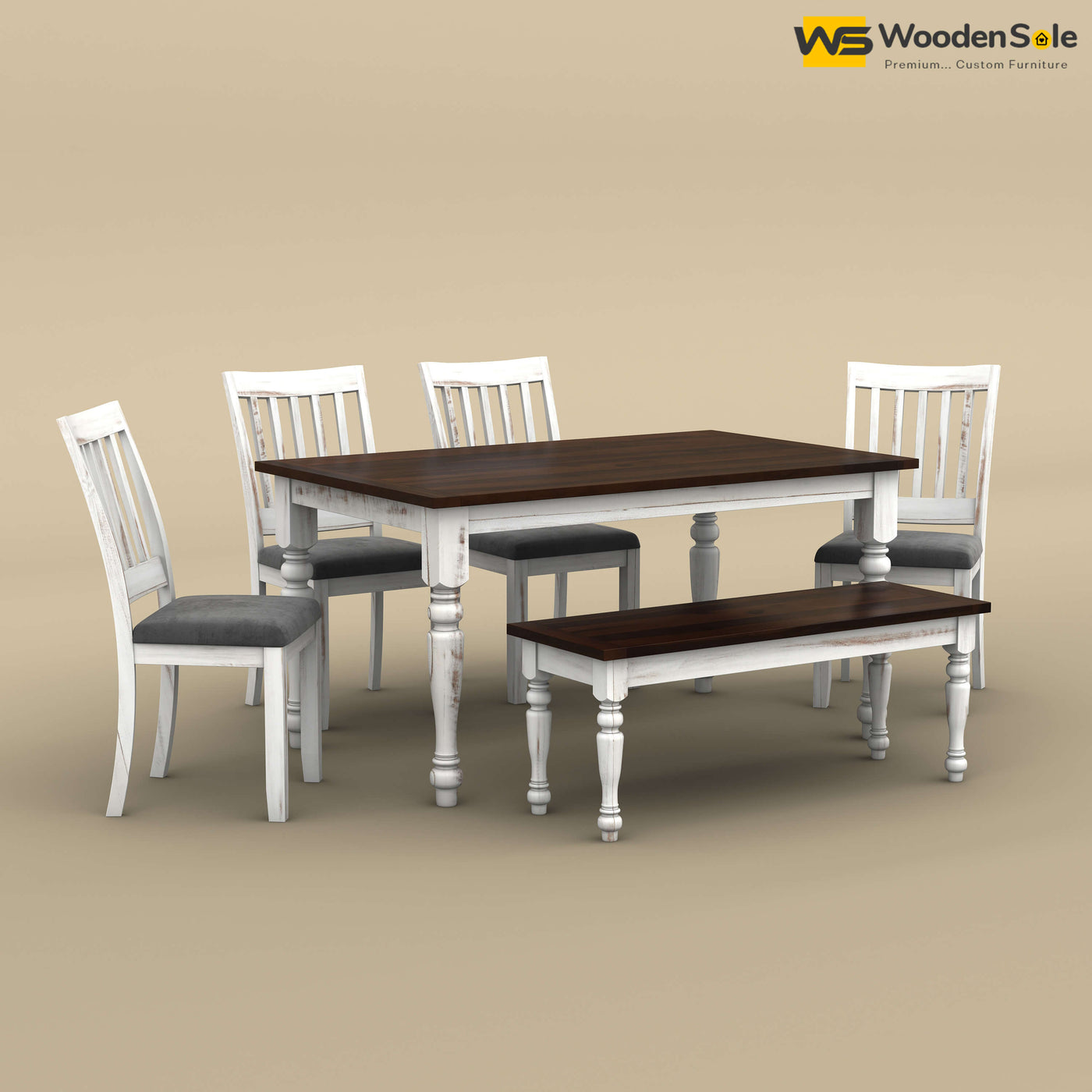 Martha 6 Seater Dining Table Set with Bench (Distress & Walnut Finish)