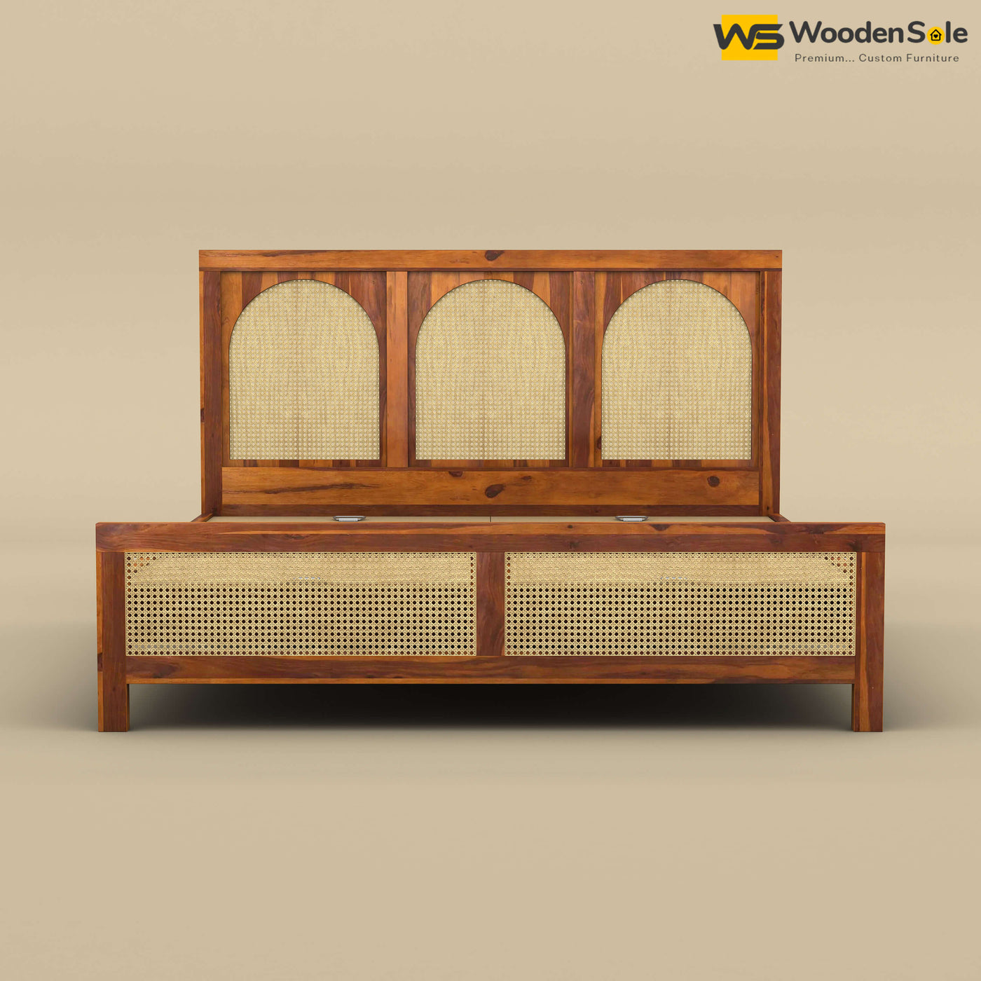 Wooden Rattan Cane Bed (King Size, Honey Finish)