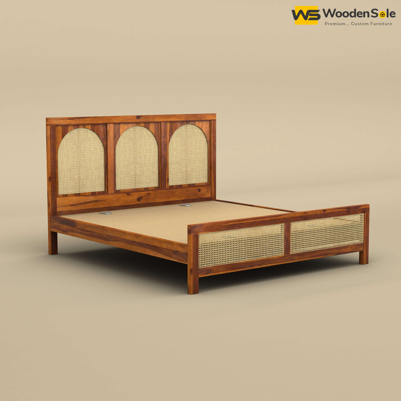 Wooden Rattan Cane Bed (King Size, Honey Finish)