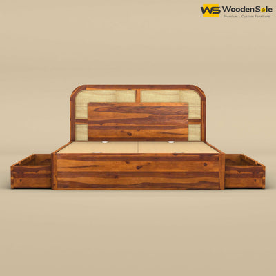 Modern Cane Drawer Storage Bed (King Size, Honey Finish)