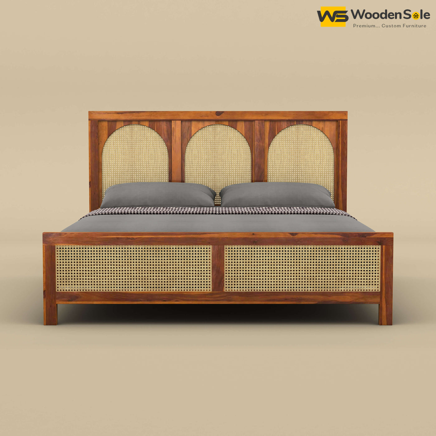 Wooden Rattan Cane Bed (King Size, Honey Finish)
