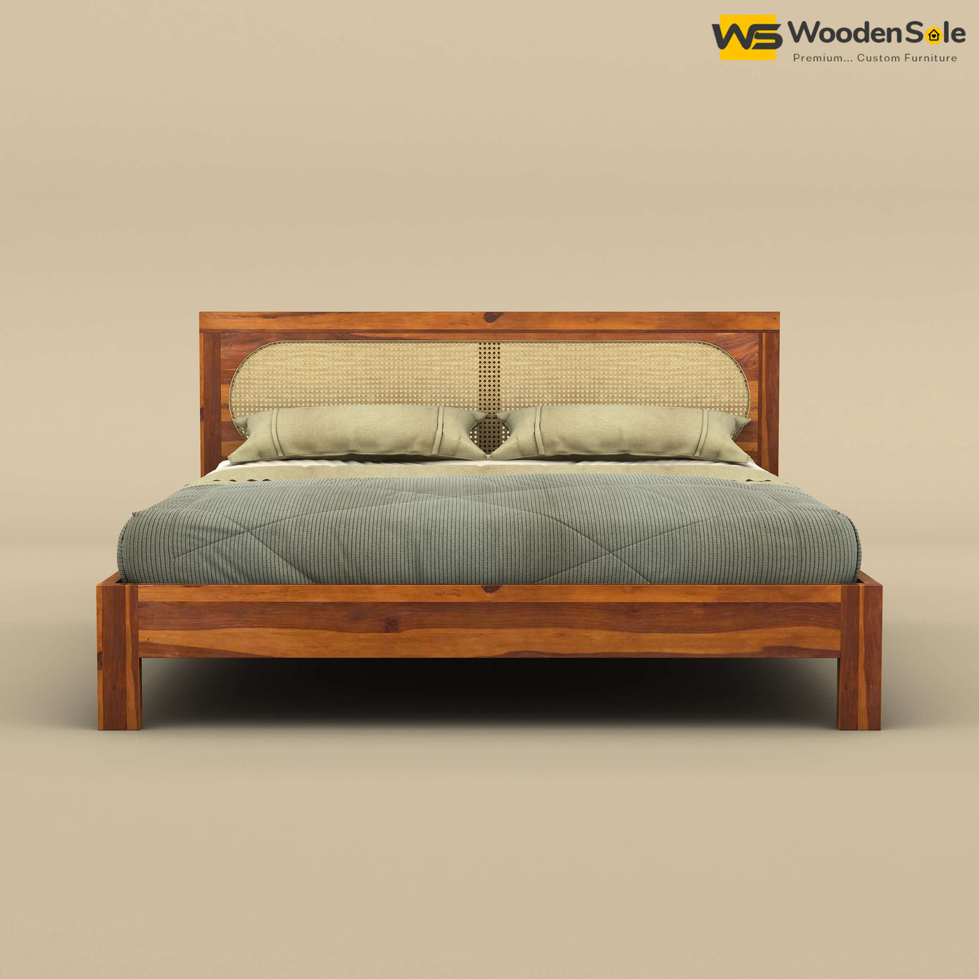 Wooden Sole Caning Bed (King Size, Honey Finish)