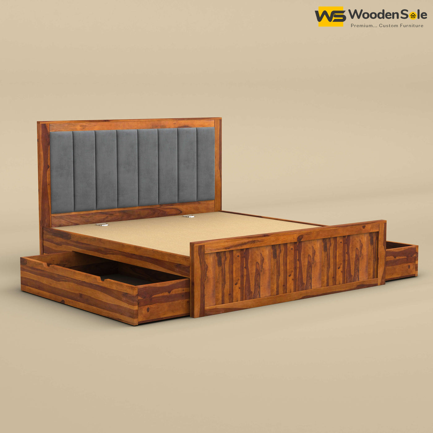 Hamza Drawer Storage Bed (King Size, Honey Finish)