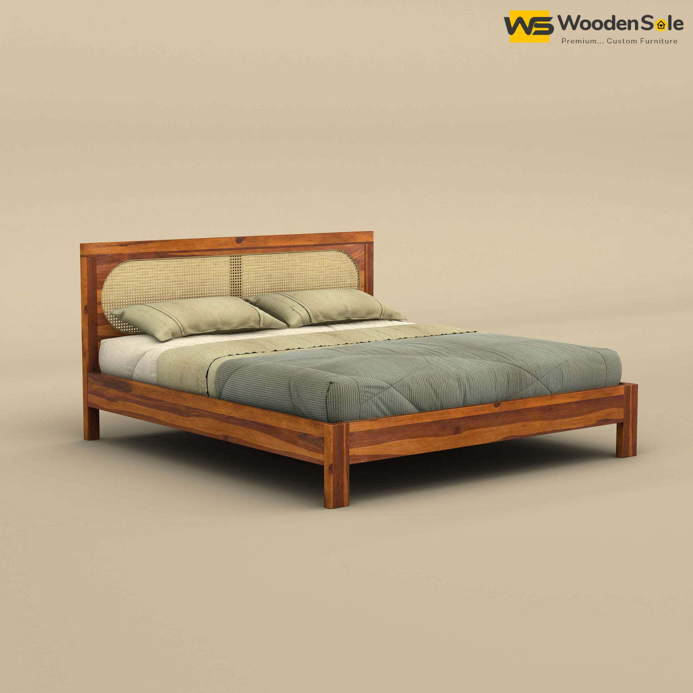 Wooden Sole Caning Bed (King Size, Honey Finish)
