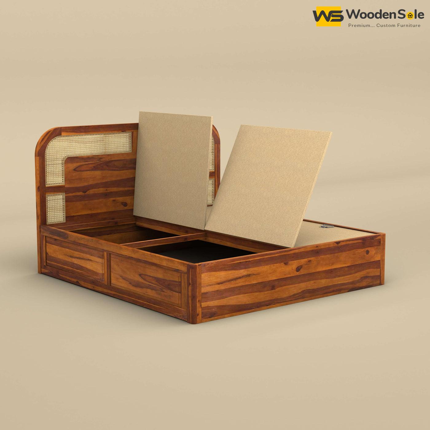 Modern Cane Box Storage Bed (King Size, Honey Finish)