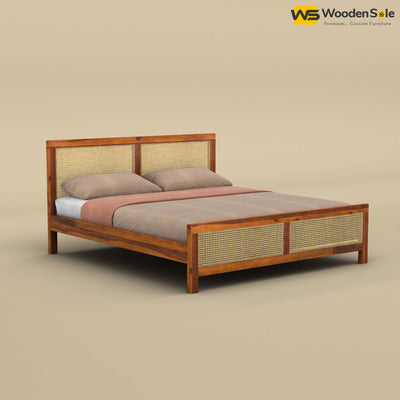 Mid Century Cane Wooden Bed (King Size, Honey Finish)
