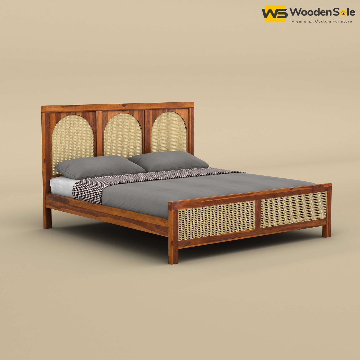 Wooden Rattan Cane Bed (King Size, Honey Finish)