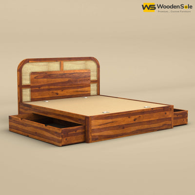 Modern Cane Drawer Storage Bed (King Size, Honey Finish)