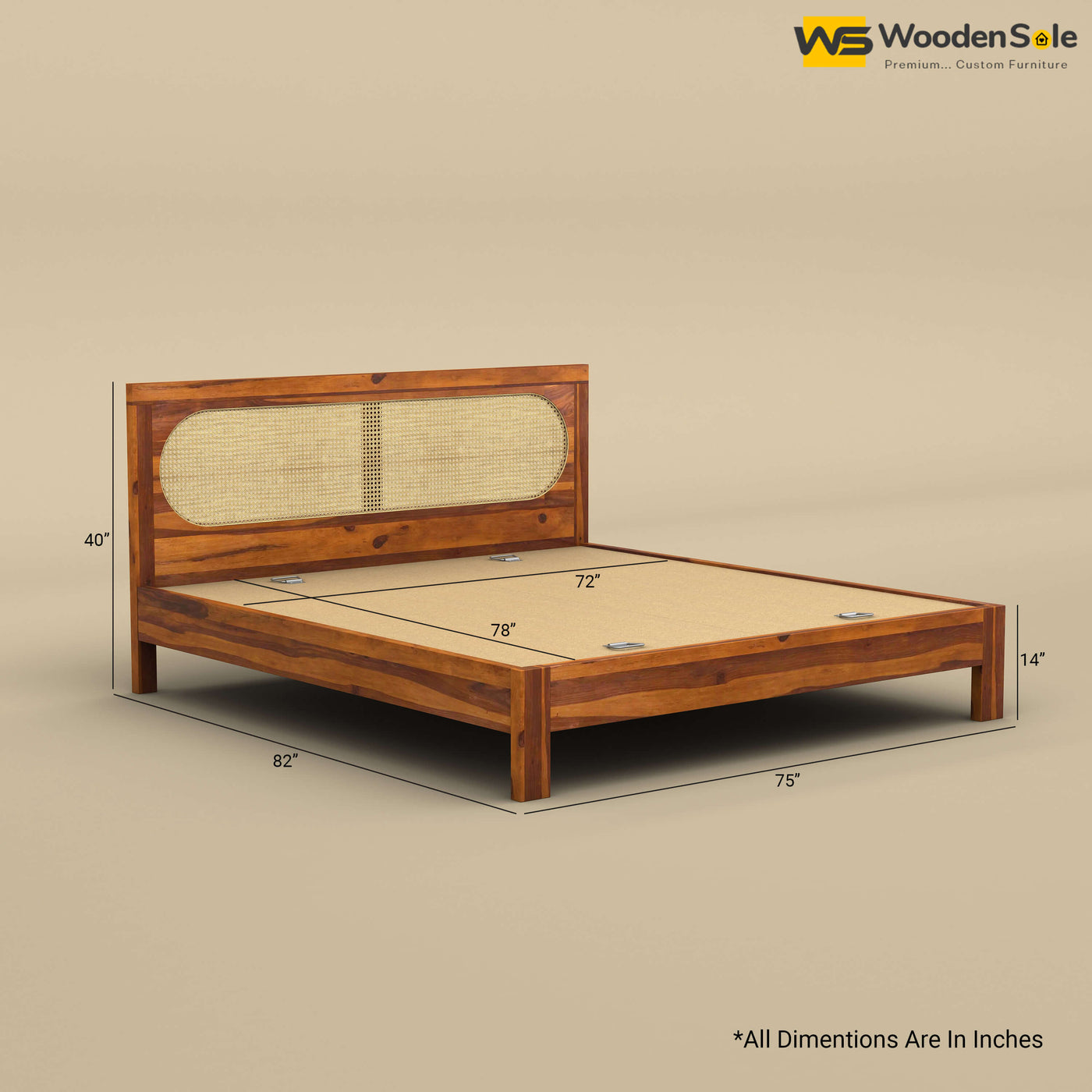 Wooden Sole Caning Bed (King Size, Honey Finish)