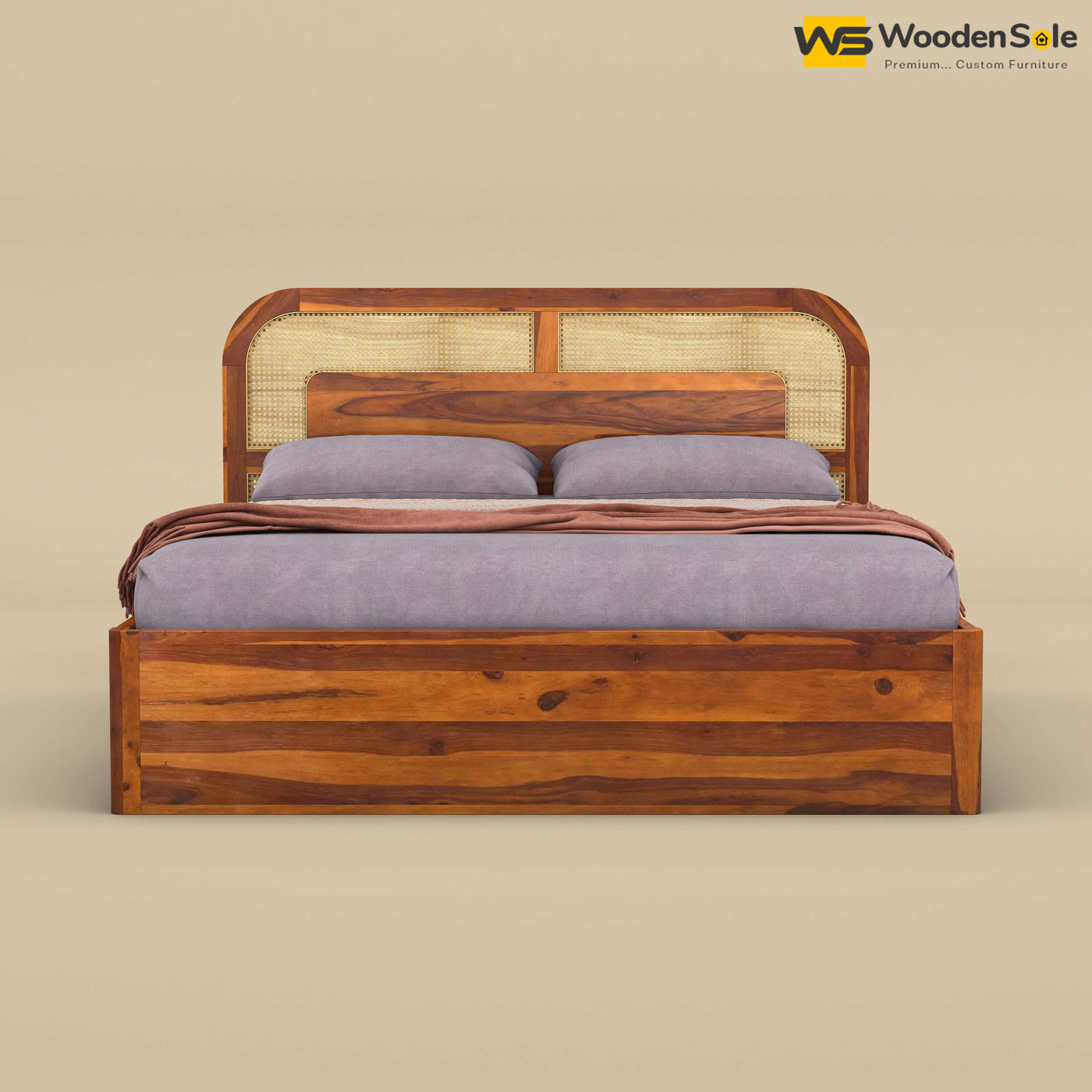 Modern Cane Hydraulic Storage Bed (King Size, Honey Finish)