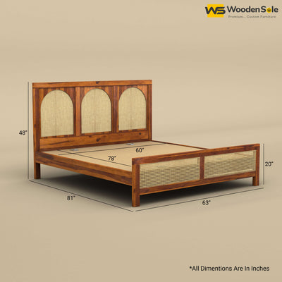 Wooden Rattan Cane Bed (Queen Size, Honey Finish)