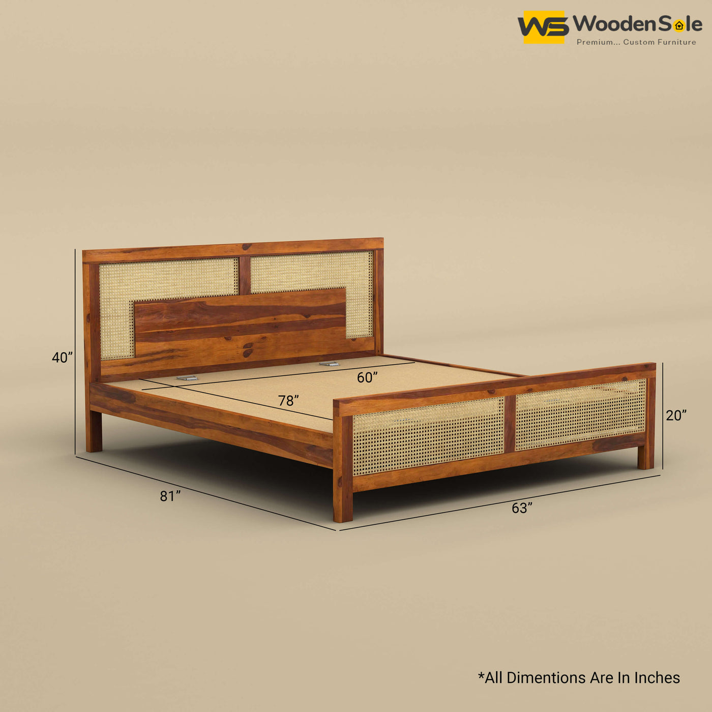 Wooden Sole Rattan Bed (Queen Size, Honey Finish)