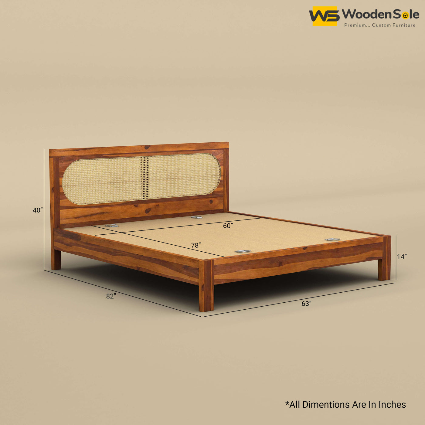 Wooden Sole Caning Bed (Queen Size, Honey Finish)